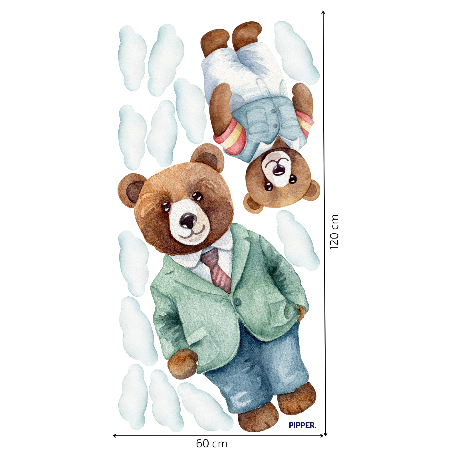 Textilní samolepka Medvědi – 2 medvědi a 12 obláčků na archu 60 × 120 cm